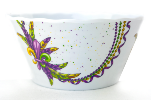 Add festive flair to your Mardi Gras celebration with this 6-inch melamine bowl. Featuring a white background with purple, green, and gold confetti, beads, feathers, and a fleur de lis, it’s perfect for serving snacks and treats during Mardi Gras festivities!