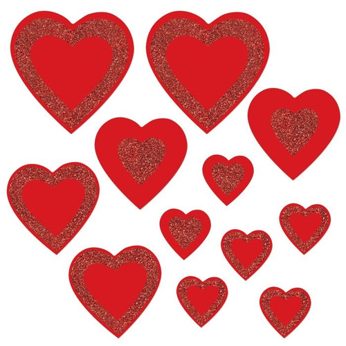 Add a touch of sparkle to your Valentine’s Day decor with Glittered Hearts Cutouts! This set includes a variety of red hearts with shimmering red glitter accents, perfect for creating a festive atmosphere. The pack contains six 5-inch cutouts, four 9-inch cutouts, and two 12-inch cutouts, allowing you to mix and match sizes for a dynamic display. Package includes 12 pieces.