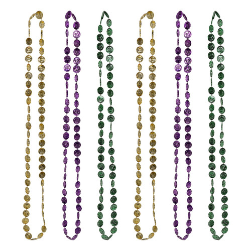 Celebrate in style with Mardi Gras Coin Beads! These 33-inch beads feature coin-shaped beads in purple, green, and gold. Perfect for wearing, tossing, or decorating, these beads are a fun and stylish accessory for any party or parade! Package includes 6 strands of beads.