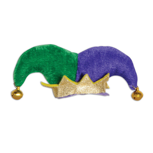 Add a playful touch to your look with this Jester Hat Hair Clip. The small, plush hat features classic purple, green, and gold colors, complete with gold bells at the tips for a festive jingle. Attached to a hair clip, it's easy to wear and perfect for adding a bit of whimsy to your Mardi Gras outfit.
