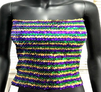 Shine bright this Mardi Gras with this Strapless Sequin Top! Designed with horizontal stripes of purple, green, and gold sequins, this top perfectly captures the festive spirit of the season. Available in sizes Small/Medium and Large/XL.