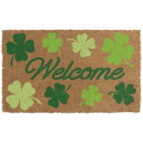 Welcome guests into your home with this charming Shamrock Welcome Doormat. Made from coir, this mat features a design of shamrocks in various shades of green. The word "Welcome" is scripted in dark green, perfect as a St. Patrick's Day accent. Measures 17.75in x 29.5in.