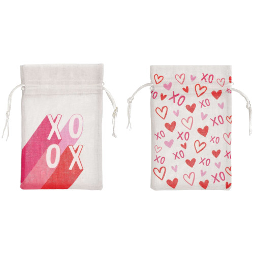 These charming Valentine's Canvas Favor Bags are perfect for gifting love! Measuring 6 inches by 4 inches, each bag is made from white canvas and features the playful "X O X O" design in various shades of pink. One design showcases a single line of "XO OX," while the other features multiple XO's and hearts for a whimsical touch. Package includes 12 bags.