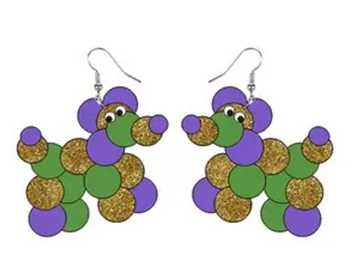 Bring the fun and whimsy of Mardi Gras to your ears with these Balloon Dog Earrings! Featuring playful balloon dog shapes in purple, green, and glittery gold, these acrylic earrings are a festive celebration of the season. Measures 4.3cm x 3.2cm.