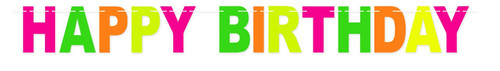 Neon pink, green, orange, and yellow letters spell "HAPPY BIRTHDAY" measuring 8.5in x 7.5ft.