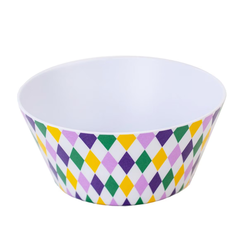 Mardi Gras Harlequin Melamine Bowl, white with purple, green, gold, and light purple diamond pattern. Measures 6in x 6in x 2.75in.