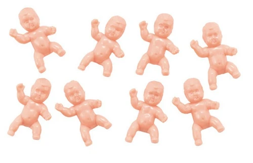 Mardi Gras King Cake Baby Favors. Package includes 8 count light skin plastic babies, 1.5in x .75in favors.