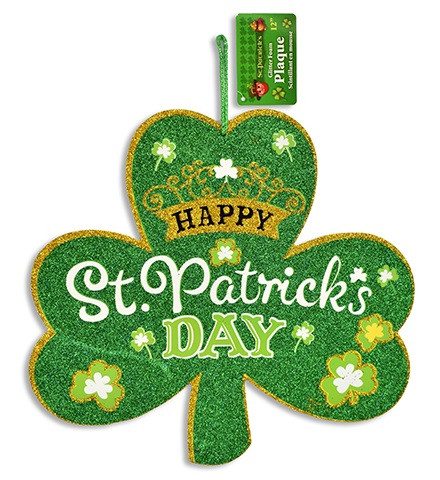 St. Patrick's Day Shamrock Hanger. Made from foam, this shamrock-shaped plaque has sparkling gold and green glitter, along with the text "Happy St. Patrick's Day" accented by lighter green and white shamrocks. Measures 12in.