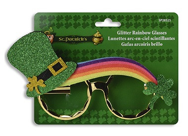 St. Patrick's Day Glitter Leprechaun Glasses. Featuring gold frames, these glasses are decorated with a sparkling green glitter leprechaun hat on one side and a rainbow leading to a shamrock on the other. Measures about 8in.