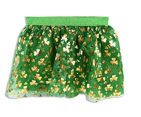 Shamrock Tutu. Featuring two layers of green tulle, this tutu is decorated with gold foil shamrocks. The elastic waistband ensures a comfortable fit for most. Measures 9in width x 9.75in height.