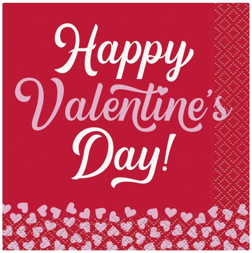 Happy Valentine's Day Beverage Napkins. Featuring a bright red background and trimmed with tiny pink hearts, the 2-ply paper napkins are adorned with "Happy Valentine's Day!" in pink and white script. Package includes 16 count napkins measuring 5 inches by 5 inches when folded.