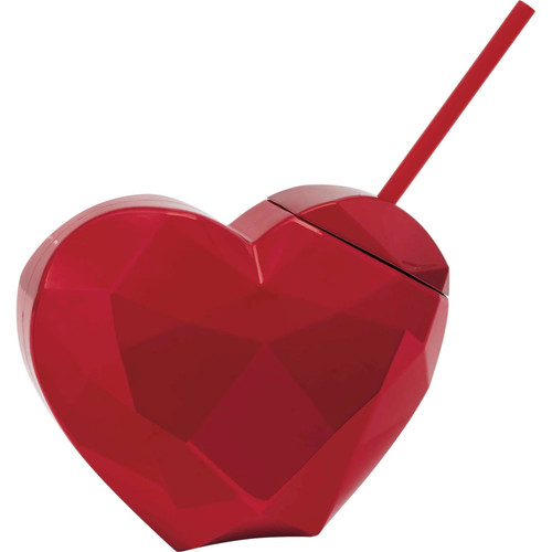 Electroplated Faceted Heart Shaped Plastic Cup. In reflective red, this cup features a faceted heart design and comes with a red straw. Cup measures 5in x 6in x 2.25in without straw, and holds 24oz.