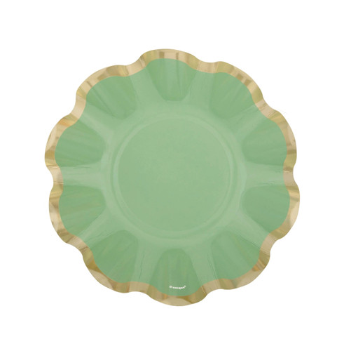 Elegant Sage Shaped Appetizer Plates. Featuring a sage green color and a gold foil scalloped trim, these paper plates are designed in a bowl-like shape, perfect for serving appetizers or small bites. Package includes 8 count plates measuring 7.25in.