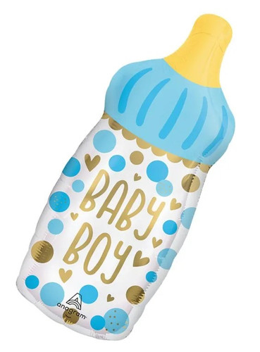 Baby Boy Bottle Balloon. Featuring a white bottle shape with blue and gold accents, a blue cap, and "BABY BOY" in gold letters. Balloon is approximately 28 inches after inflation.