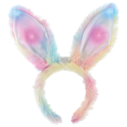 Pastel Light Up Bunny Ears Headband. Featuring soft, fluffy bunny ears in pastel colors, this headband lights up with colorful LED lights embedded in the ears. One size fits most.