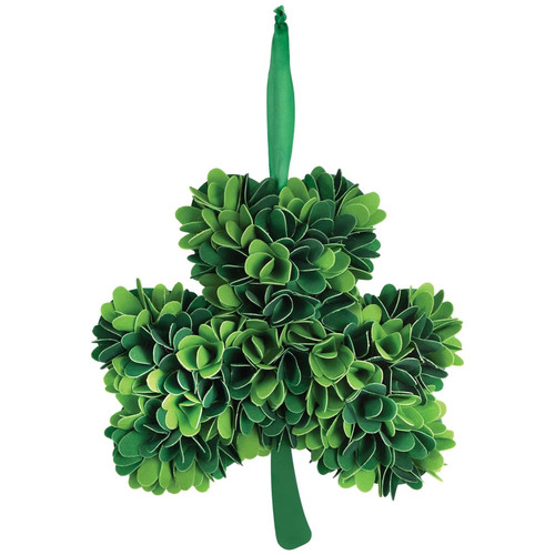Foam Shamrock Hanger. This decorative piece is made of foam in varying shades of green, crafted to form a shamrock shape. Measures 11in x 12in.