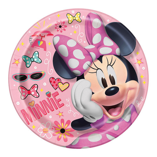 Minnie Mouse Luncheon Plates. Featuring a pink background, the plates are adorned with colorful hearts, stars, flowers, bows, and other fun accessories. The word "MINNIE" is printed in pink text alongside an image of Minnie Mouse, with her hand on the side of her face. These plates measure 9 inches, and include 8 count in each pack. Minnie Mouse Luncheon Plates. Featuring a pink background, the plates are adorned with colorful hearts, stars, flowers, bows, and other fun accessories. The word "MINNIE" is printed in pink text alongside an image of Minnie Mouse, with her hand on the side of her face. These plates measure 9 inches, and include 8 count in each pack.