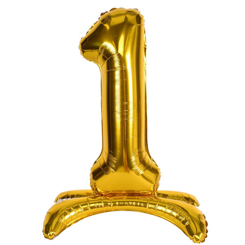 Self Standing Gold Number Balloon. Featuring a shiny, metallic gold finish, this balloon stands upright on its own. Assembly required. Includes straw for inflating. Measures 26in.