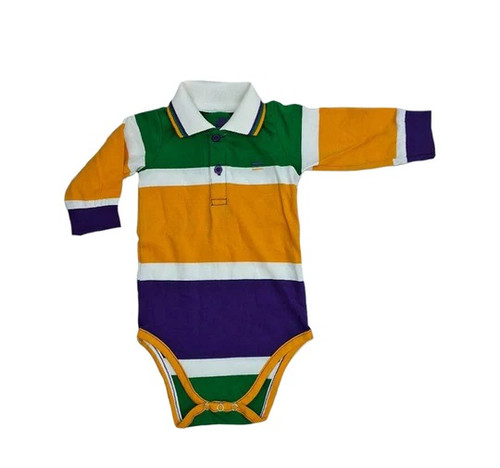 Mardi Gras Stripe Infant Onesie. This long-sleeve onesie features green, gold, and purple stripes with white in between. The collar trim is accented with matching stripes, and two buttons at the top make dressing easy. Available in 3/6 months, 6/9 months, and 9/12 months. Order of buttons top to bottom, including piping, may vary.
