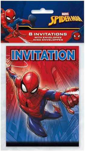 Spiderman Party Invitations. The front features a red-to-blue gradient, with Spiderman webslinging between buildings. On the back, a large blue spider-shaped space is for writing your event details, including For/Pour, Date, Time/Heure, Place/Lieu, RSVP, and email/courriel. These invitations are meant to be hand written and cannot be run through a printer. Package includes 8 count, 5.25 inch by 4 inch invitations and envelopes.