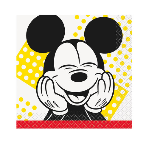 Mickey Mouse Beverage Napkins. Featuring a fun design of white and yellow dots with a red trim, each napkin showcases the classic black and white Mickey Mouse with his hands on his face in a cheerful expression. Package includes 16 count napkins, measuring 5in x 5in when folded.