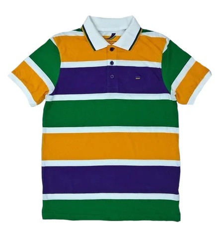 Adult Mardi Gras Stripe Short Sleeve Polo Shirt - Thick Rugby Stripe, position of color for stripes may vary.