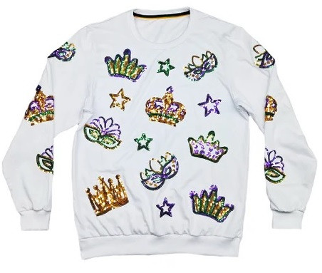 Adult Crowns and Masks French Terry Pullover. The white long-sleeve shirt features sequined crowns, stars, and masks in purple, green, and gold.