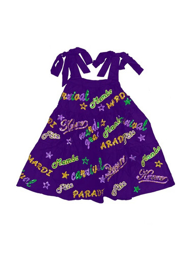 Youth Mardi Gras Explosion Viscose Dress. In purple, it features fun sequin appliqué words like "Krewe," "Mambo," "Parade," and "Carnival," along with star-shaped accents in purple, green, and gold.