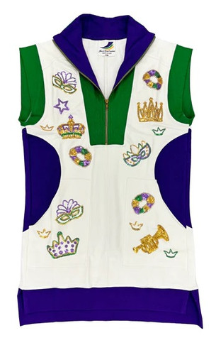 Adult Mardi Gras Tennis Dress. In purple and green with a white cover look, on the front it features sequin appliqués of crowns, king cakes, stars, masks, and a trumpet. Complete with a zipper and pockets for convenience.