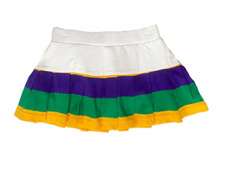 Youth Mardi Gras White Pleated Skort. In white, it features a purple, green, and gold stripe with a pleated design.