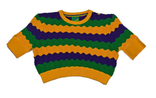 Adult Mardi Gras Crochet Crop Short Sleeve. Featuring a purple, green, and gold chevron pattern.