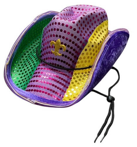 Light Up Mardi Gras Cowboy Hat. This purple cowboy hat features purple, green, and gold tinsel fabric panels on the top, with a gold Fleur de Lis on the front. The rim is lined with a mesh cord embedded with LED lights, offering four settings: off, steady, and two speeds of flashing, so you can customize your glow. Complete with a black chin strap for a secure fit. One size fits most.