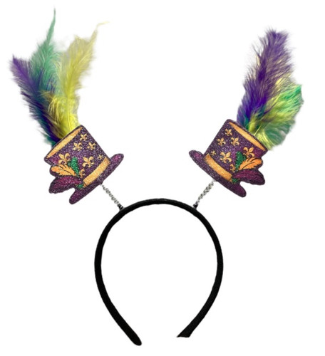 Mardi Gras Feathered Hat Headboppers. Featuring glittery purple top hat flat shapes with gold fleur de lis and purple, green, and yellow feathers. One size fits most.