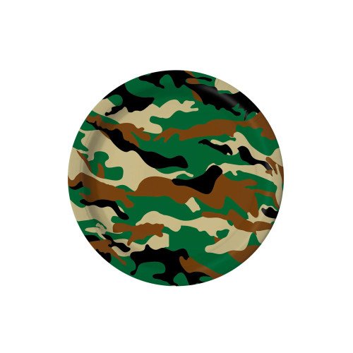 Camo Dessert Plates. Featuring a camo pattern in shades of black, dark green, brown, and light brown. Package includes 8 count paper plates measuring 7in. Camo Dessert Plates. Featuring a camo pattern in shades of black, dark green, brown, and light brown. Package includes 8 count paper plates measuring 7in.