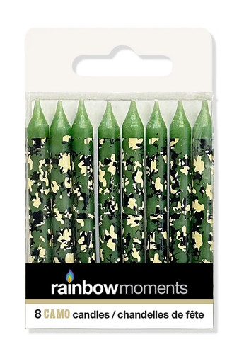 Camo Pattern Candles. Featuring a green base and a wrap-around design in green, black, and sandy camo. Package includes 8 candles measuring 3in.