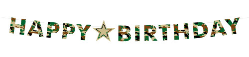 Camo Birthday Banner. The "HAPPY BIRTHDAY" letter banner features a camo pattern in black, dark green, brown, and light brown, with a star accent between the words. Package includes one banner, measuring 5.9ft when fully assembled. Camo Birthday Banner. The "HAPPY BIRTHDAY" letter banner features a camo pattern in black, dark green, brown, and light brown, with a star accent between the words. Package includes one banner, measuring 5.9ft when fully assembled.