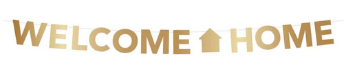 Welcome Home Banner. Made from gold foil cardstock, this banner spells out "WELCOME HOME" in shimmering letters, with a house silhouette featuring a heart inside placed between the words. Printed on one side and on a white ribbon, it adds a warm and heartfelt touch to any homecoming or reunion. Measures 9.8ft. Welcome Home Banner. Made from gold foil cardstock, this banner spells out "WELCOME HOME" in shimmering letters, with a house silhouette featuring a heart inside placed between the words. Printed on one side and on a white ribbon, it adds a warm and heartfelt touch to any homecoming or reunion. Measures 9.8ft.