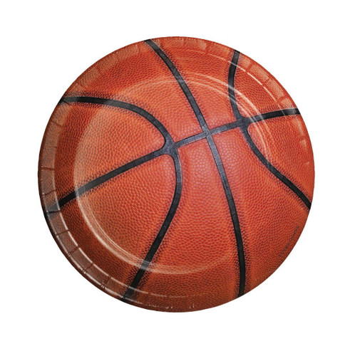 Basketball Fanatic Dessert Plates. Featuring a photo-realistic image of a basketball. Package includes 8 count paper plates measuring 7in.