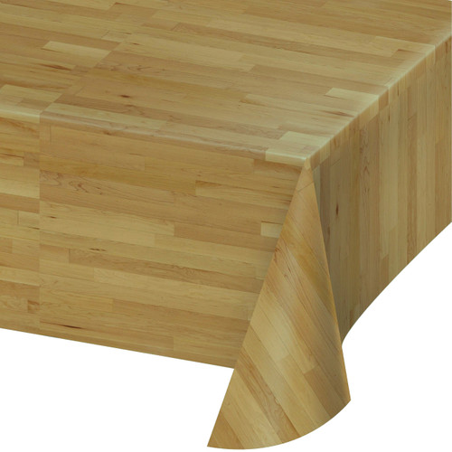 Basketball Court Tablecover. Featuring an all-over wood flooring print, this disposable plastic tablecover measures 54in x 108in.
