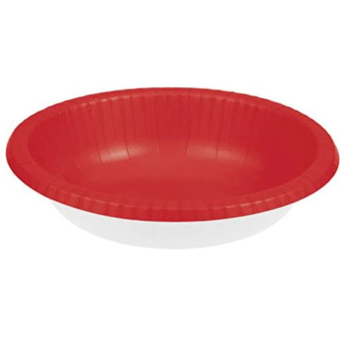Classic Red Paper Bowls. These sturdy paper bowls feature a red color top side and white underside. Package includes 20 count 20oz bowls.
