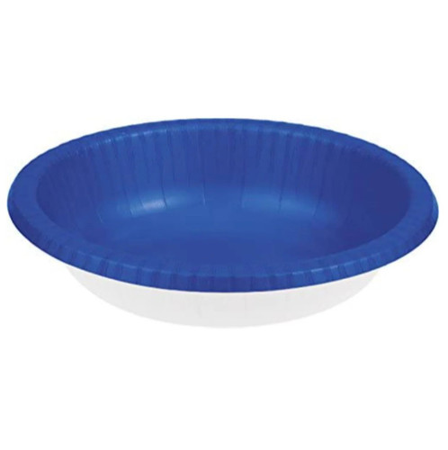 Cobalt Blue Paper Bowls. These sturdy paper bowls feature a blue color top side and white underside. Package includes 20 count 20oz bowls.