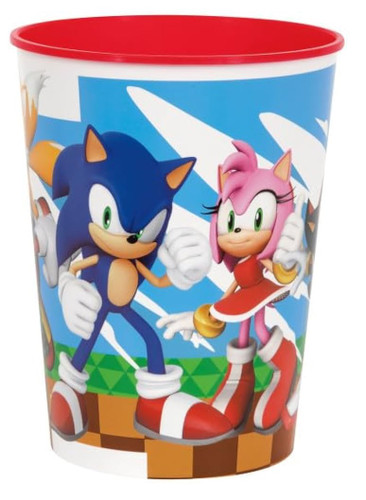 Sonic the Hedgehog Plastic Favor Cup. The red cup features a wrap-around design of Sonic, Tails, Knuckles, Amy, and Shadow set against the iconic Green Hill Zone. Package includes one cup, measuring 16oz. Sonic the Hedgehog Plastic Favor Cup. The red cup features a wrap-around design of Sonic, Tails, Knuckles, Amy, and Shadow set against the iconic Green Hill Zone. Package includes one cup, measuring 16oz.