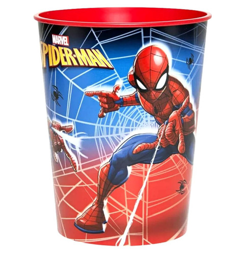 Spider-Man Plastic Favor Cup. The red cup features a wrap-around design with a gradient from blue to red, showcasing a spider web and the Spider-Man logo. In an action-packed pose, Spider-Man takes center stage. Package includes one cup, measuring 16oz Spider-Man Plastic Favor Cup. The red cup features a wrap-around design with a gradient from blue to red, showcasing a spider web and the Spider-Man logo. In an action-packed pose, Spider-Man takes center stage. Package includes one cup, measuring 16oz
