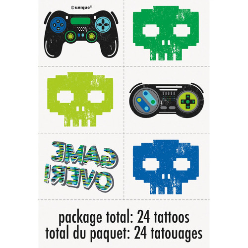 Gamer Birthday Tattoos. This set features designs including: skulls in green, lighter green, and blue, the phrase "GAME OVER!", and two types of controllers in blue, green, and black color scheme. Package includes 24 total temporary tattoos. Gamer Birthday Tattoos. This set features designs including: skulls in green, lighter green, and blue, the phrase "GAME OVER!", and two types of controllers in blue, green, and black color scheme. Package includes 24 total temporary tattoos.