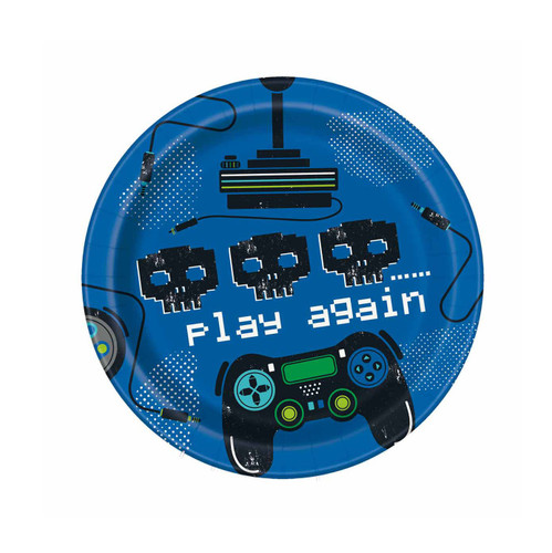 Gamer Birthday Dessert Plates. Featuring a blue design with the playful "play again" text in white, these plates are decorated with black skulls and gaming controllers. Package includes 8 count paper plates measuring 6.75in. Gamer Birthday Dessert Plates. Featuring a blue design with the playful "play again" text in white, these plates are decorated with black skulls and gaming controllers. Package includes 8 count paper plates measuring 6.75in.