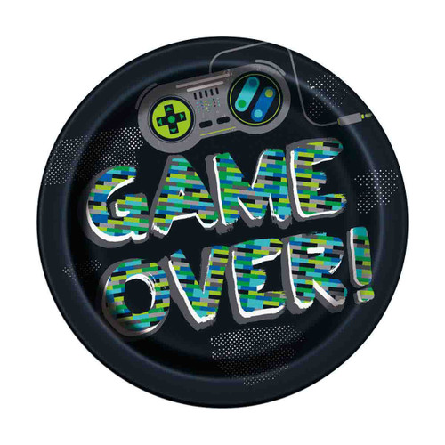 Gamer Birthday Luncheon Plates. The black paper plates feature the "GAME OVER!" text in shades of green, blue, and grey, complete with a gaming controller graphic. Package includes 8 count plates measuring 9in. Gamer Birthday Luncheon Plates. The black paper plates feature the "GAME OVER!" text in shades of green, blue, and grey, complete with a gaming controller graphic. Package includes 8 count plates measuring 9in.