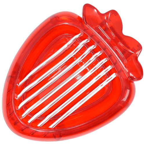 Strawberry and Egg Slicer. Made of plastic and steel and shaped like a strawberry, this kitchen tool is designed to cut strawberries or boiled eggs. Measures 3.5in x 3in x 1 in. Hand wash.