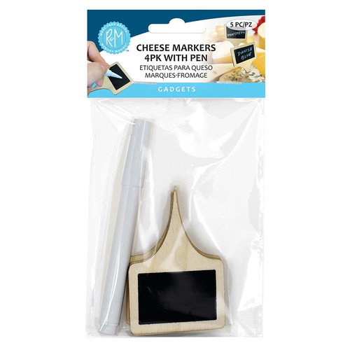 Cheese Markers with Pen. Made of wood and featuring a chalkboard finish on one side. The set includes a white chalk pen, so you can easily write and wipe off the labels for reuse. Package includes 4 cheese markers measuring 3.25in x 2.25in and one chalk pen. Cheese Markers with Pen. Made of wood and featuring a chalkboard finish on one side. The set includes a white chalk pen, so you can easily write and wipe off the labels for reuse. Package includes 4 cheese markers measuring 3.25in x 2.25in and one chalk pen.