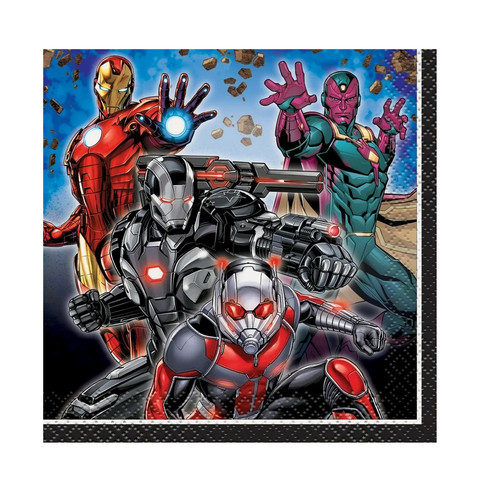 Avengers Beverage Napkins. Featuring a black trim and a dynamic group shot of Iron Man, War Machine, Ant-Man, and Vision surrounded by floating rocks. Package includes 16 count 2-ply paper napkins, measuring 5in x 5in when folded. Avengers Beverage Napkins. Featuring a black trim and a dynamic group shot of Iron Man, War Machine, Ant-Man, and Vision surrounded by floating rocks. Package includes 16 count 2-ply paper napkins, measuring 5in x 5in when folded.