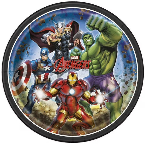 Avengers Luncheon Plates. Featuring a bold group shot of Thor, Captain America, Hulk, and Iron Man surrounded by floating rocks. The black and white trim and Avengers logo complete the look. Package includes 8 count paper plates measuring 9in.